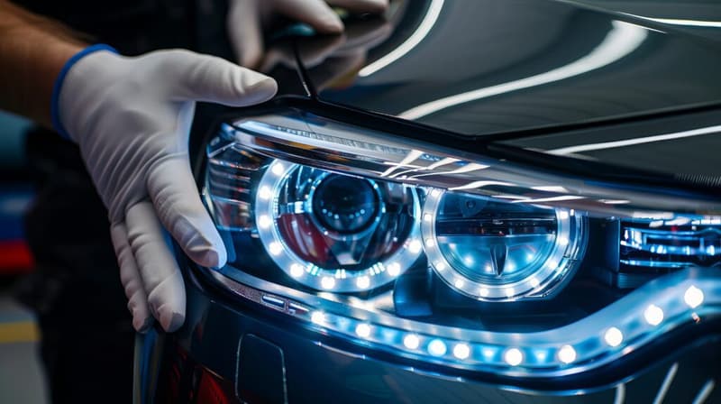 Close-up of a car headlight being restored